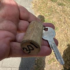 NEMEF sleutel met houten hanger met Nr. 301, som rapporterats till iLost