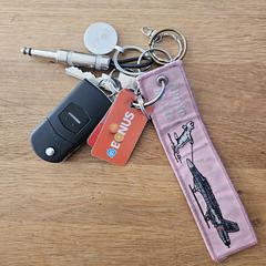 Sleutelbos met auto- en huissleutel en roze label, as reported to iLost